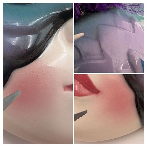 Vintage Clay Art Ceramic Wall Mask Teal Purple Feathers Cat Eye Masquerade 90s - Picture 10 of 12